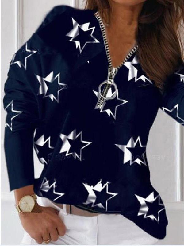 Women's T-Shirts V-Neck Zipper Star Print Long Sleeve Loose T-Shirt - T-Shirts - INS | Online Fashion Free Shipping Clothing, Dresses, Tops, Shoes - 10-20 - 11/08/2021 - Category_T-Shirts