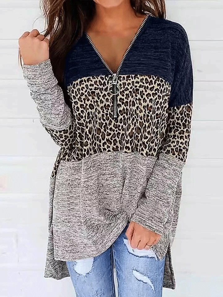 Women's T-Shirts V-Neck Zippered Leopard Print Stitching Long Sleeve T-Shirt - T-Shirts - INS | Online Fashion Free Shipping Clothing, Dresses, Tops, Shoes - 09/10/2021 - 10-20 - color-blue