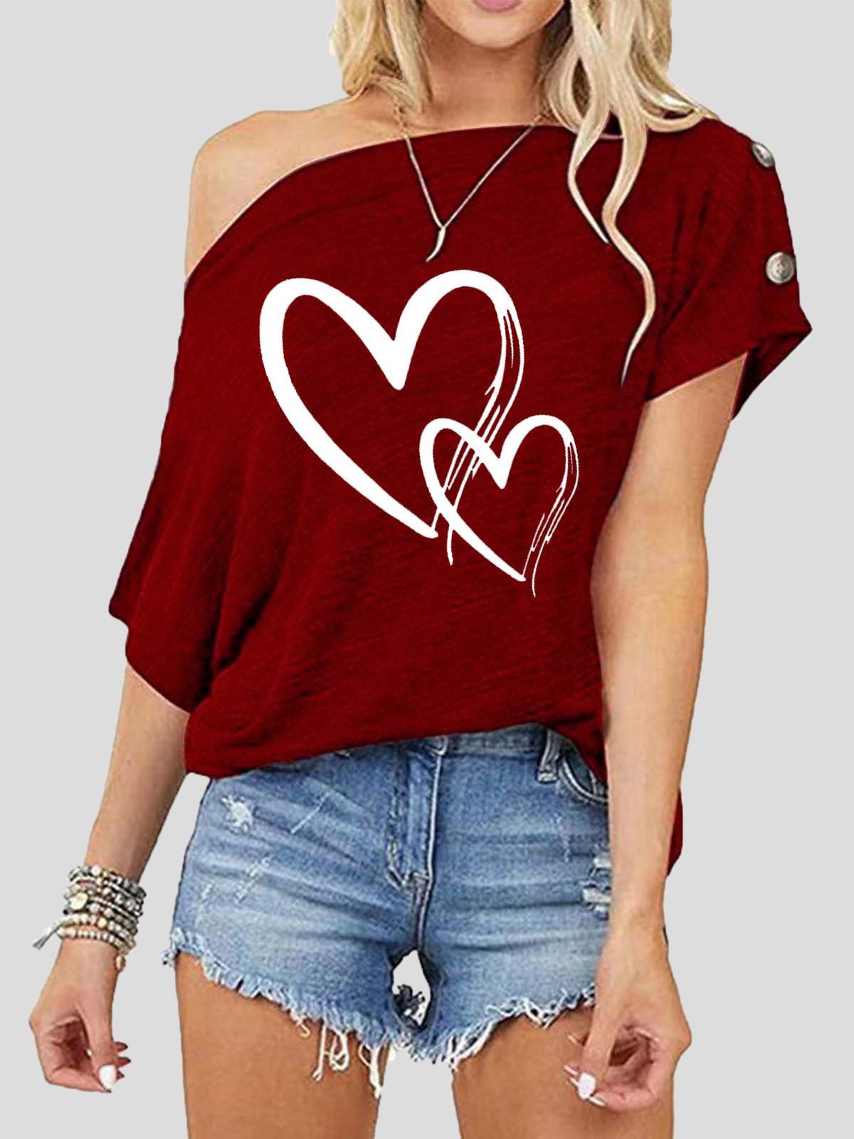 Women's T-Shirts Valentine's Day Print One-Shoulder Short Sleeve T-Shirt - T-Shirts - Instastyled | Online Fashion Free Shipping Clothing, Dresses, Tops, Shoes - 11/01/2022 - 20-30 - color-black