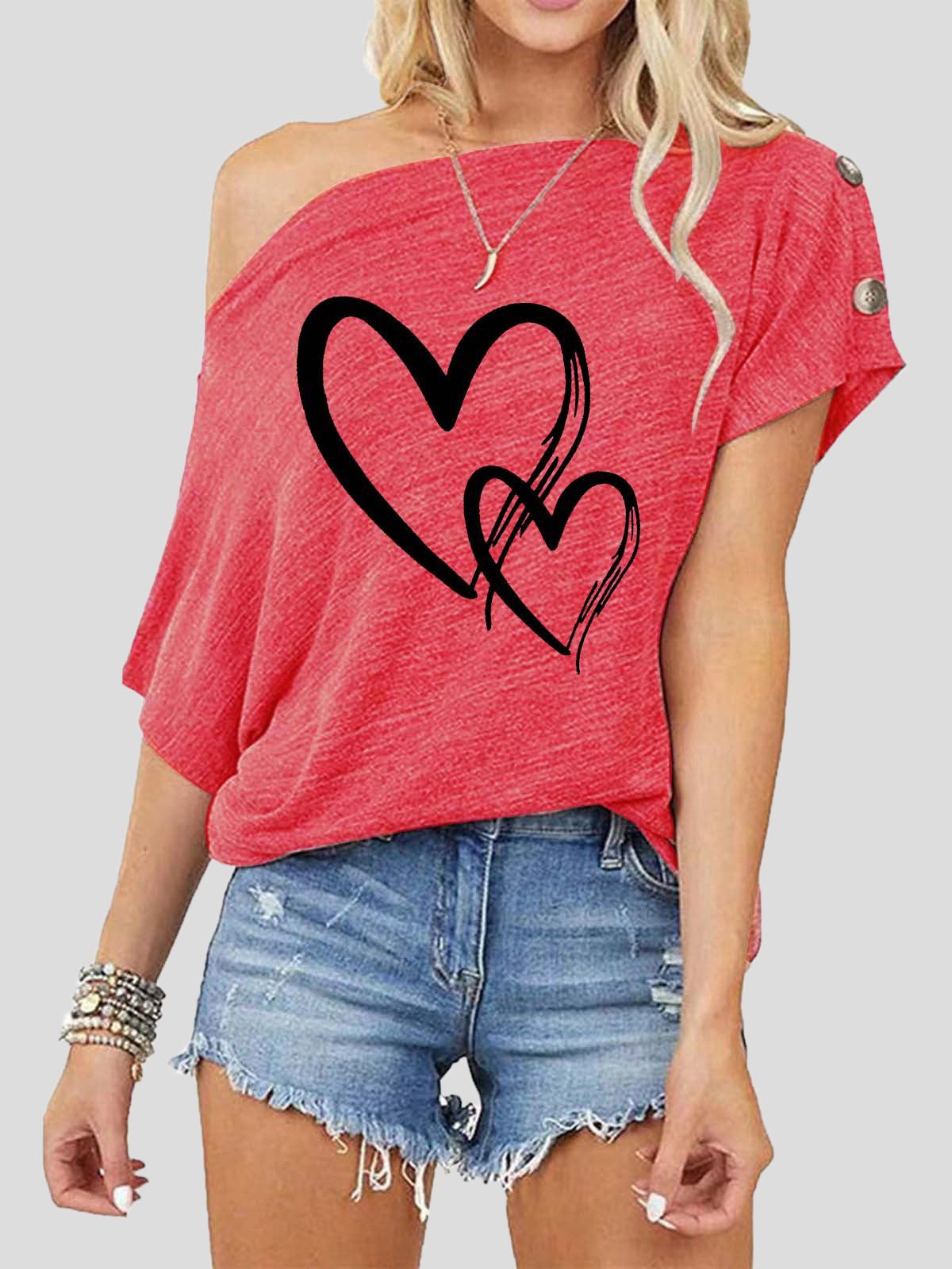 Women's T-Shirts Valentine's Day Print One-Shoulder Short Sleeve T-Shirt - T-Shirts - Instastyled | Online Fashion Free Shipping Clothing, Dresses, Tops, Shoes - 11/01/2022 - 20-30 - color-black