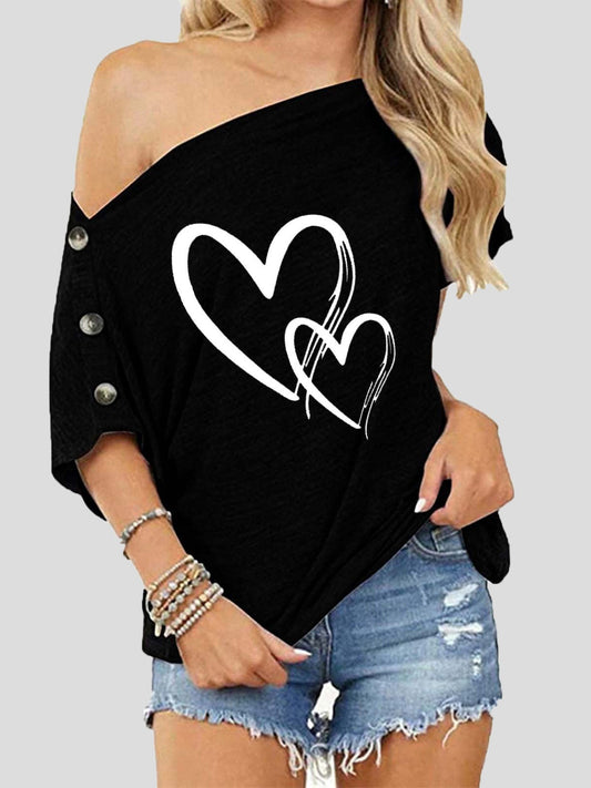 Women's T-Shirts Valentine's Day Print One-Shoulder Short Sleeve T-Shirt - T-Shirts - Instastyled | Online Fashion Free Shipping Clothing, Dresses, Tops, Shoes - 11/01/2022 - 20-30 - color-black