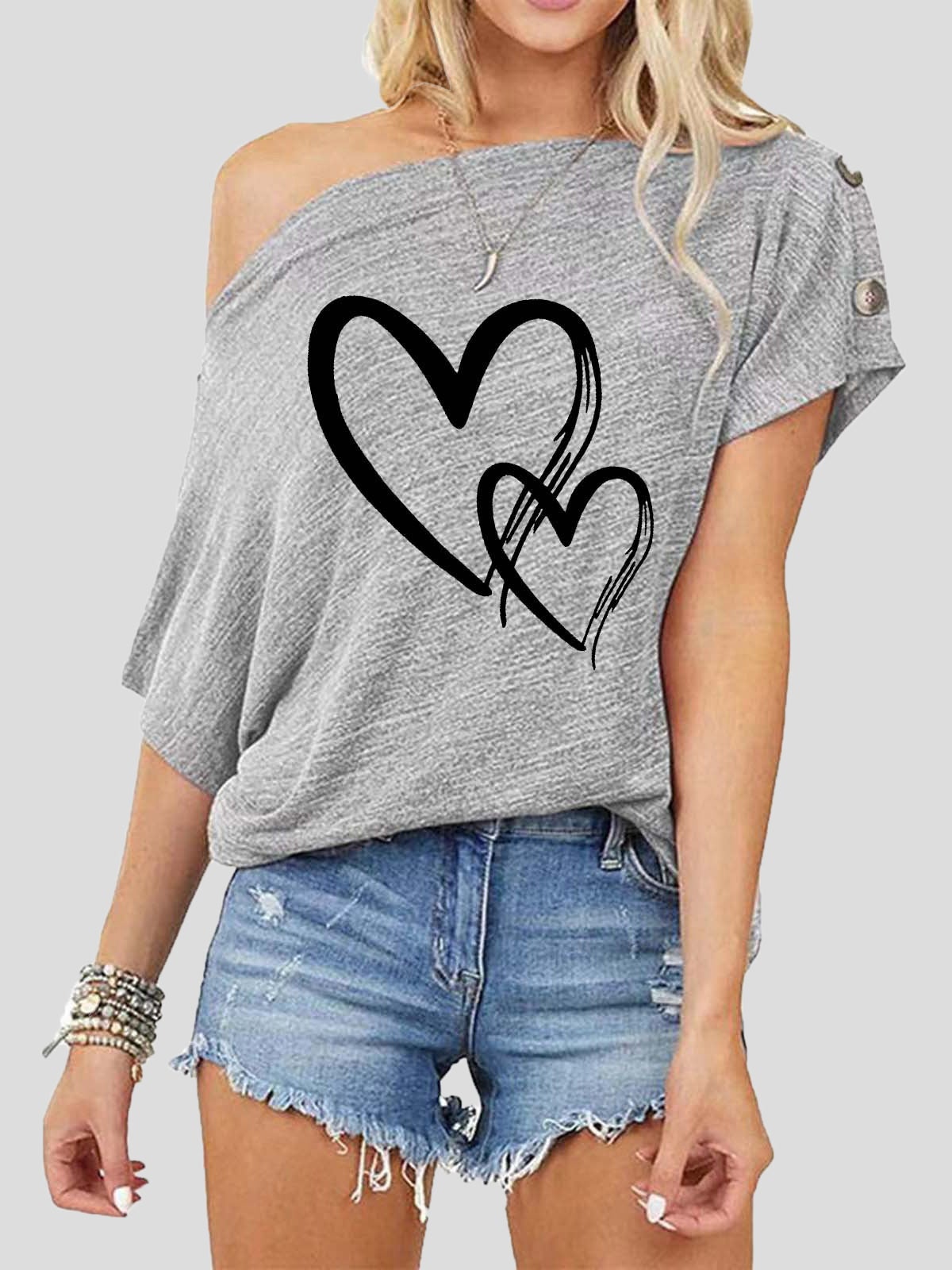 Women's T-Shirts Valentine's Day Print One-Shoulder Short Sleeve T-Shirt - T-Shirts - Instastyled | Online Fashion Free Shipping Clothing, Dresses, Tops, Shoes - 11/01/2022 - 20-30 - color-black