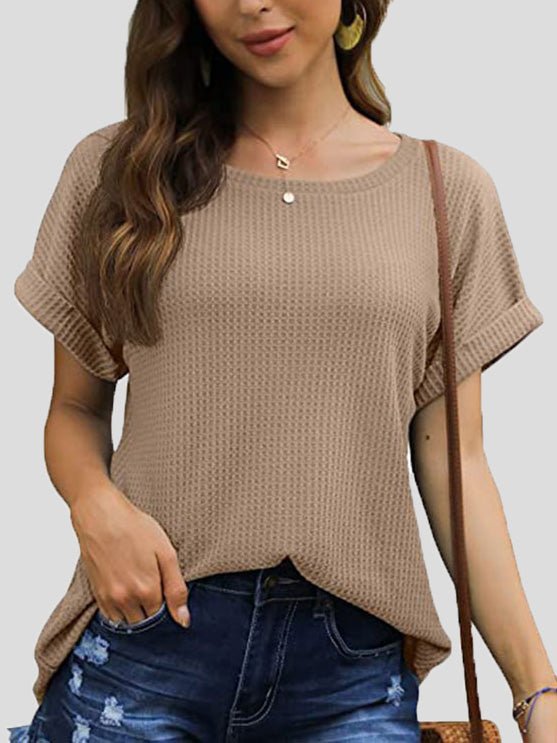 Women's T-Shirts Waffle Crew Neck Short Sleeve Rolled T-Shirt - T-Shirts - Instastyled | Online Fashion Free Shipping Clothing, Dresses, Tops, Shoes - 09/05/2022 - 20-30 - color-apricot