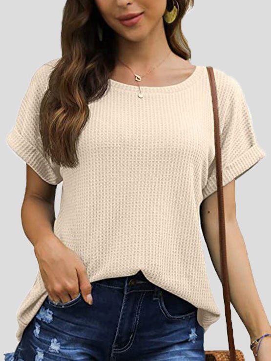 Women's T-Shirts Waffle Crew Neck Short Sleeve Rolled T-Shirt - T-Shirts - Instastyled | Online Fashion Free Shipping Clothing, Dresses, Tops, Shoes - 09/05/2022 - 20-30 - color-apricot