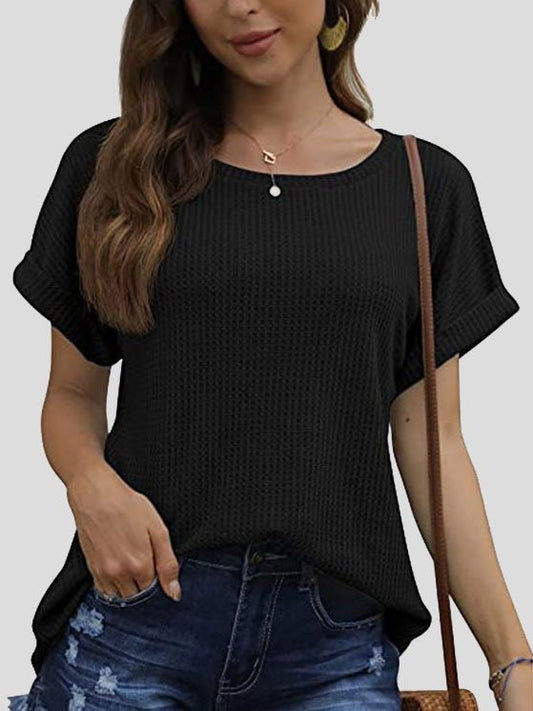 Women's T-Shirts Waffle Crew Neck Short Sleeve Rolled T-Shirt - T-Shirts - Instastyled | Online Fashion Free Shipping Clothing, Dresses, Tops, Shoes - 09/05/2022 - 20-30 - color-apricot