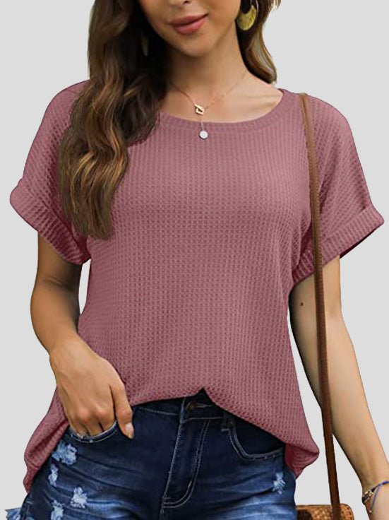 Women's T-Shirts Waffle Crew Neck Short Sleeve Rolled T-Shirt - T-Shirts - Instastyled | Online Fashion Free Shipping Clothing, Dresses, Tops, Shoes - 09/05/2022 - 20-30 - color-apricot