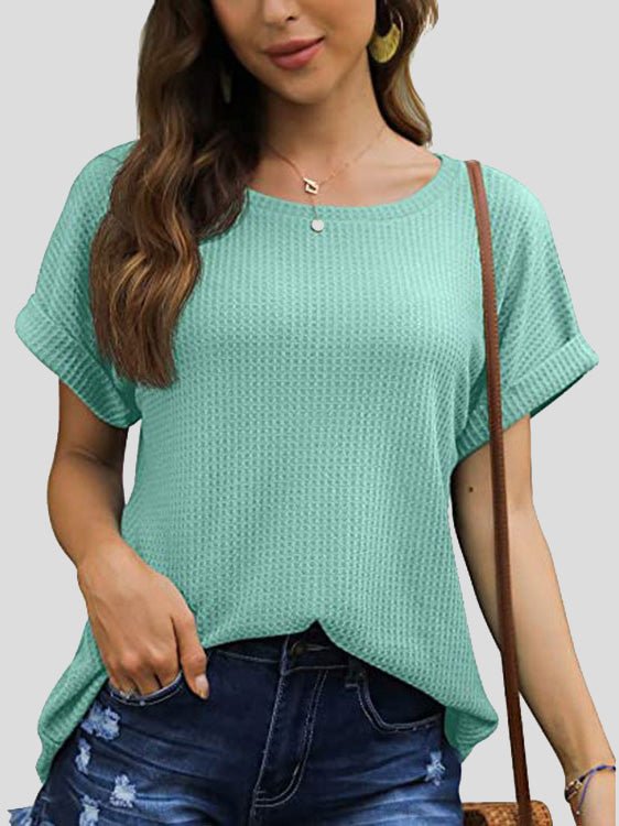 Women's T-Shirts Waffle Crew Neck Short Sleeve Rolled T-Shirt - T-Shirts - Instastyled | Online Fashion Free Shipping Clothing, Dresses, Tops, Shoes - 09/05/2022 - 20-30 - color-apricot