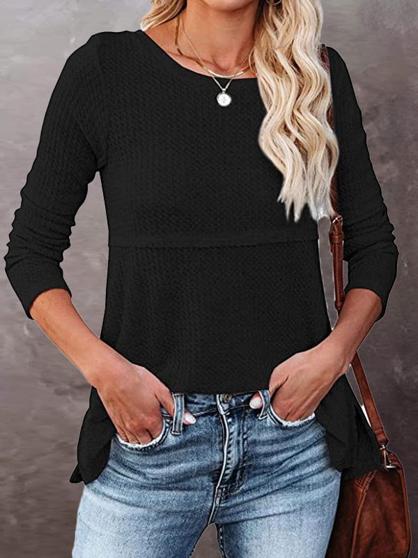 Women's T-Shirts Waffle Round Neck Long Sleeve T-Shirts - T-Shirts - INS | Online Fashion Free Shipping Clothing, Dresses, Tops, Shoes - 10-20 - 22/09/2021 - color-black