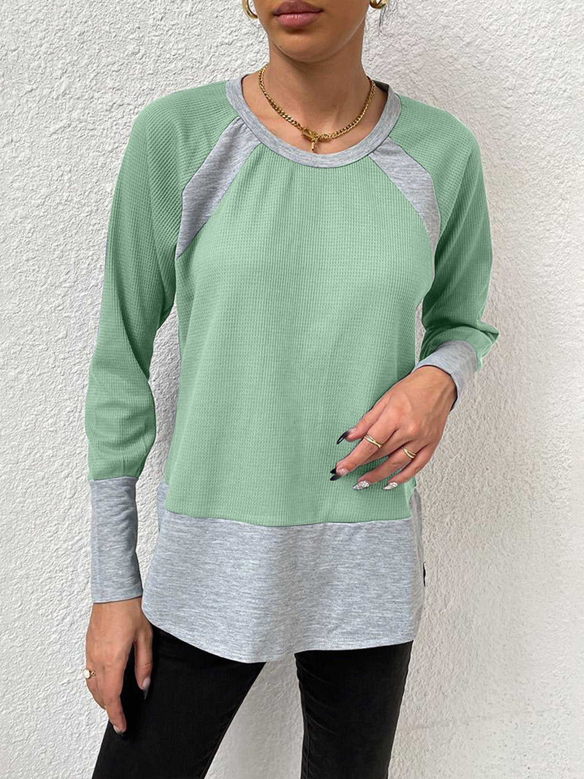 Women's T-Shirts Waffle Stitching Round Neck Long Sleeve T-Shirt - T-Shirts - INS | Online Fashion Free Shipping Clothing, Dresses, Tops, Shoes - 12/11/2021 - 20-30 - color-blue