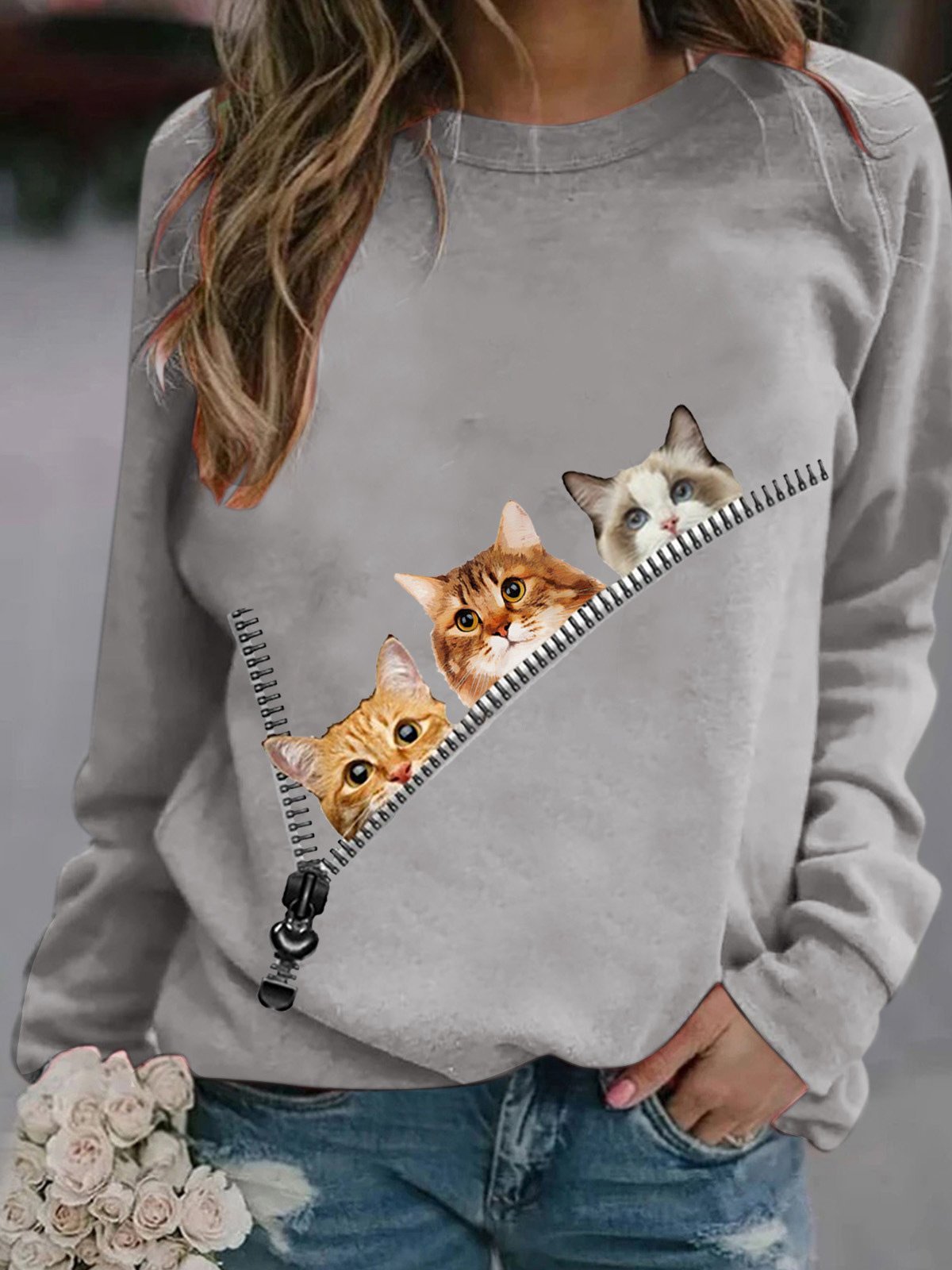 Women's T-Shirts Zip Cat Print Round Neck Long Sleeve T-Shirt - T-Shirts - Instastyled | Online Fashion Free Shipping Clothing, Dresses, Tops, Shoes - 03/12/2021 - 10-20 - color-black