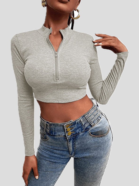 Women's T-Shirts Zip Crop Long Sleeve Slim Fit Knit T-Shirt - T-Shirts - Instastyled | Online Fashion Free Shipping Clothing, Dresses, Tops, Shoes - 02/08/2022 - 20-30 - color-black