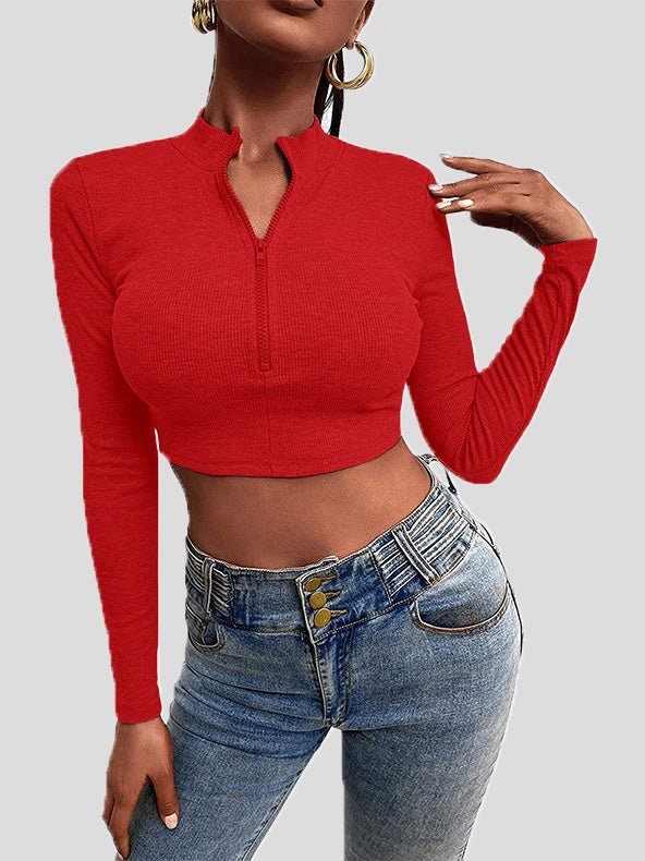 Women's T-Shirts Zip Crop Long Sleeve Slim Fit Knit T-Shirt - T-Shirts - Instastyled | Online Fashion Free Shipping Clothing, Dresses, Tops, Shoes - 02/08/2022 - 20-30 - color-black