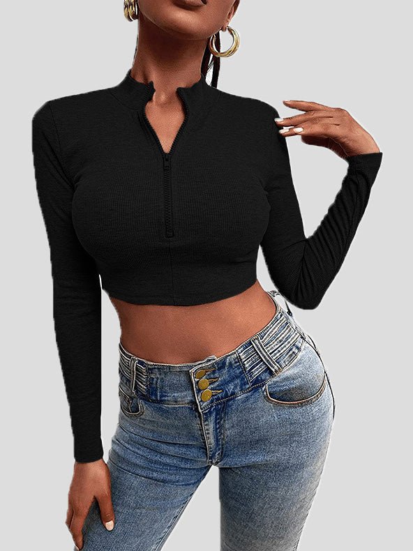 Women's T-Shirts Zip Crop Long Sleeve Slim Fit Knit T-Shirt - T-Shirts - Instastyled | Online Fashion Free Shipping Clothing, Dresses, Tops, Shoes - 02/08/2022 - 20-30 - color-black