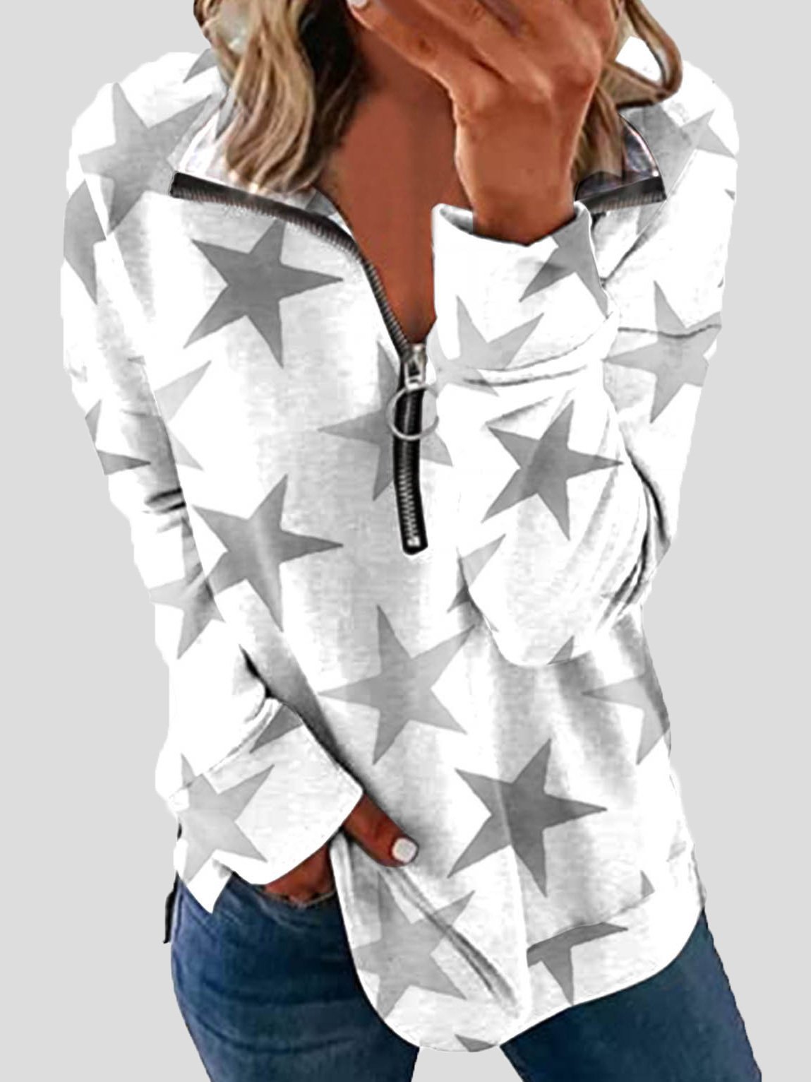 Women's T-Shirts Zip Lapel Printed Long Sleeve T-Shirts - T-Shirts - INS | Online Fashion Free Shipping Clothing, Dresses, Tops, Shoes - 04/09/2021 - 20-30 - Category_T-Shirts