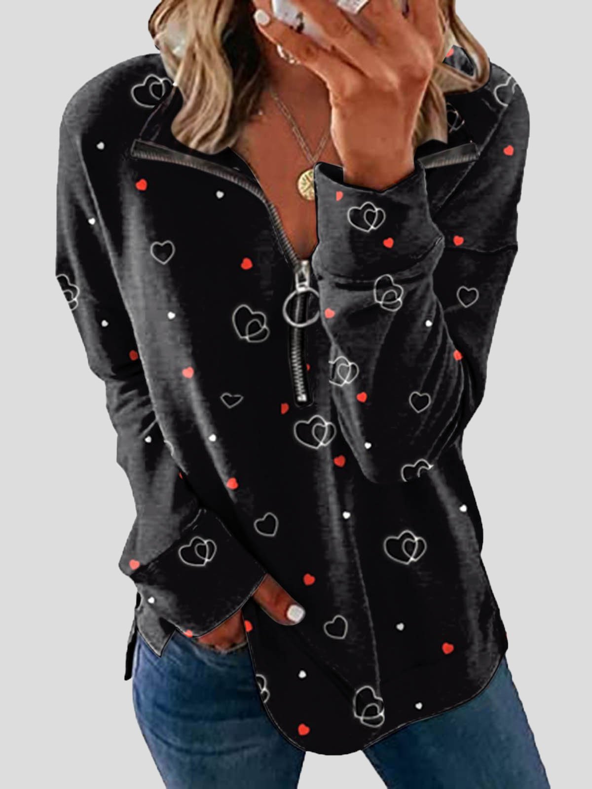 Women's T-Shirts Zip Lapel Printed Long Sleeve T-Shirts - T-Shirts - INS | Online Fashion Free Shipping Clothing, Dresses, Tops, Shoes - 04/09/2021 - 20-30 - Category_T-Shirts