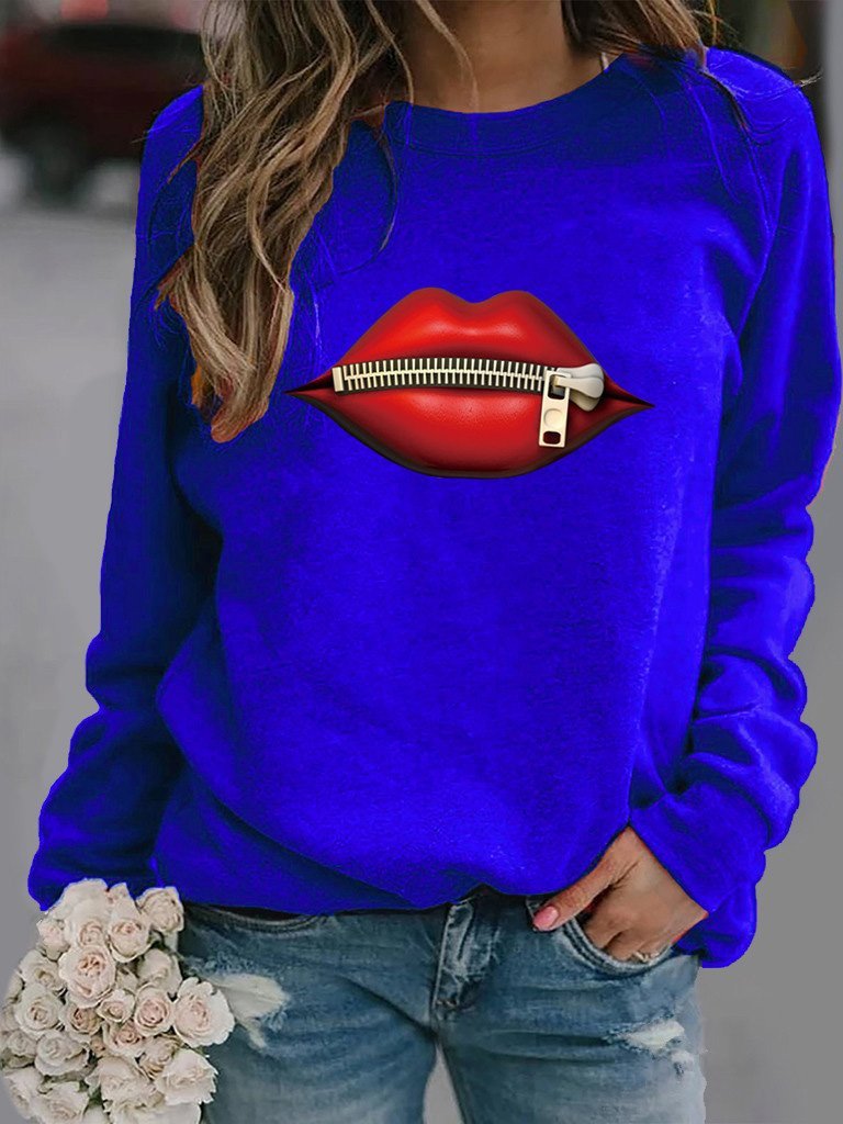 Women's T-Shirts Zipper Lip Pattern Print Long Sleeve Round Neck T-Shirts - T-Shirts - INS | Online Fashion Free Shipping Clothing, Dresses, Tops, Shoes - 10-20 - 16/09/2021 - Category_T-Shirts