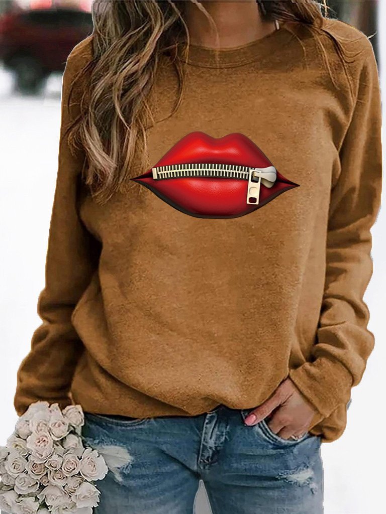 Women's T-Shirts Zipper Lip Pattern Print Long Sleeve Round Neck T-Shirts - T-Shirts - INS | Online Fashion Free Shipping Clothing, Dresses, Tops, Shoes - 10-20 - 16/09/2021 - Category_T-Shirts