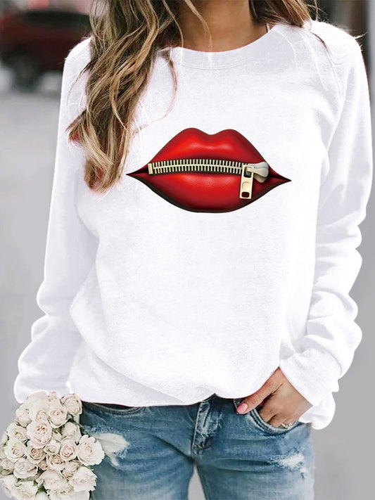 Women's T-Shirts Zipper Lip Pattern Print Long Sleeve Round Neck T-Shirts - T-Shirts - INS | Online Fashion Free Shipping Clothing, Dresses, Tops, Shoes - 10-20 - 16/09/2021 - Category_T-Shirts