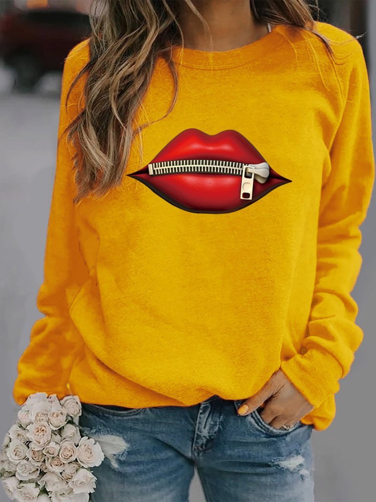 Women's T-Shirts Zipper Lip Pattern Print Long Sleeve Round Neck T-Shirts - T-Shirts - INS | Online Fashion Free Shipping Clothing, Dresses, Tops, Shoes - 10-20 - 16/09/2021 - Category_T-Shirts