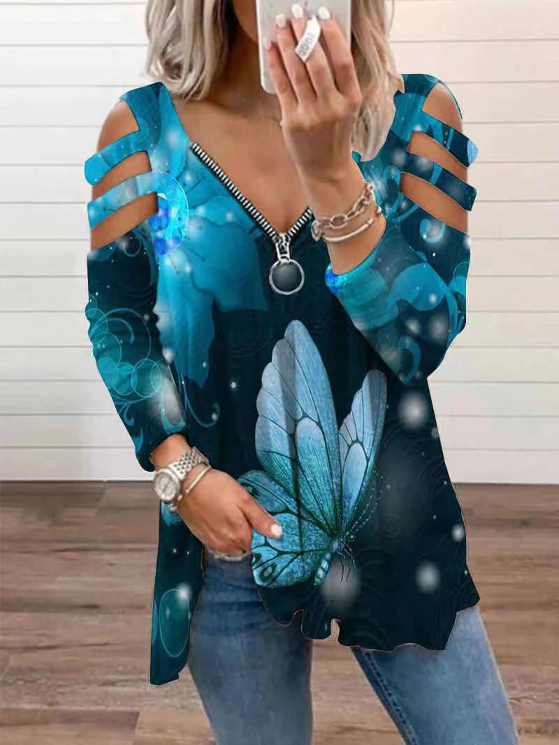 Women's T-Shirts Zipper Pullover Print Long Sleeve Loose T-Shirt - T-Shirts - INS | Online Fashion Free Shipping Clothing, Dresses, Tops, Shoes - 18/08/2021 - 20-30 - Category_T-Shirts