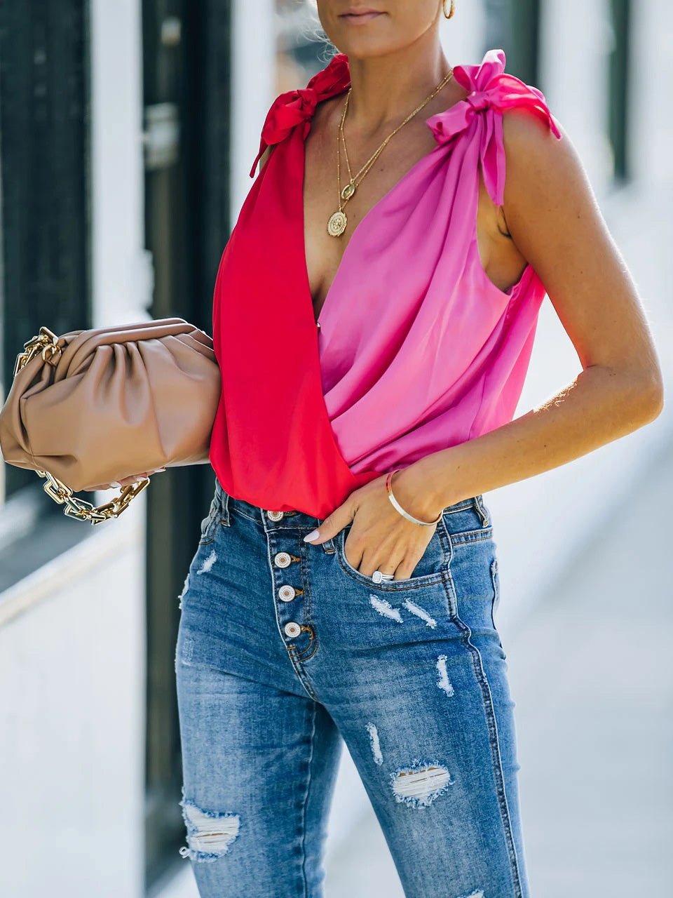 Women's Tank Tops Casual Contrast V-Neck Belted Sleeveless Tank Top - Tank Tops - Instastyled | Online Fashion Free Shipping Clothing, Dresses, Tops, Shoes - 07/06/2022 - Color_Red - HDL