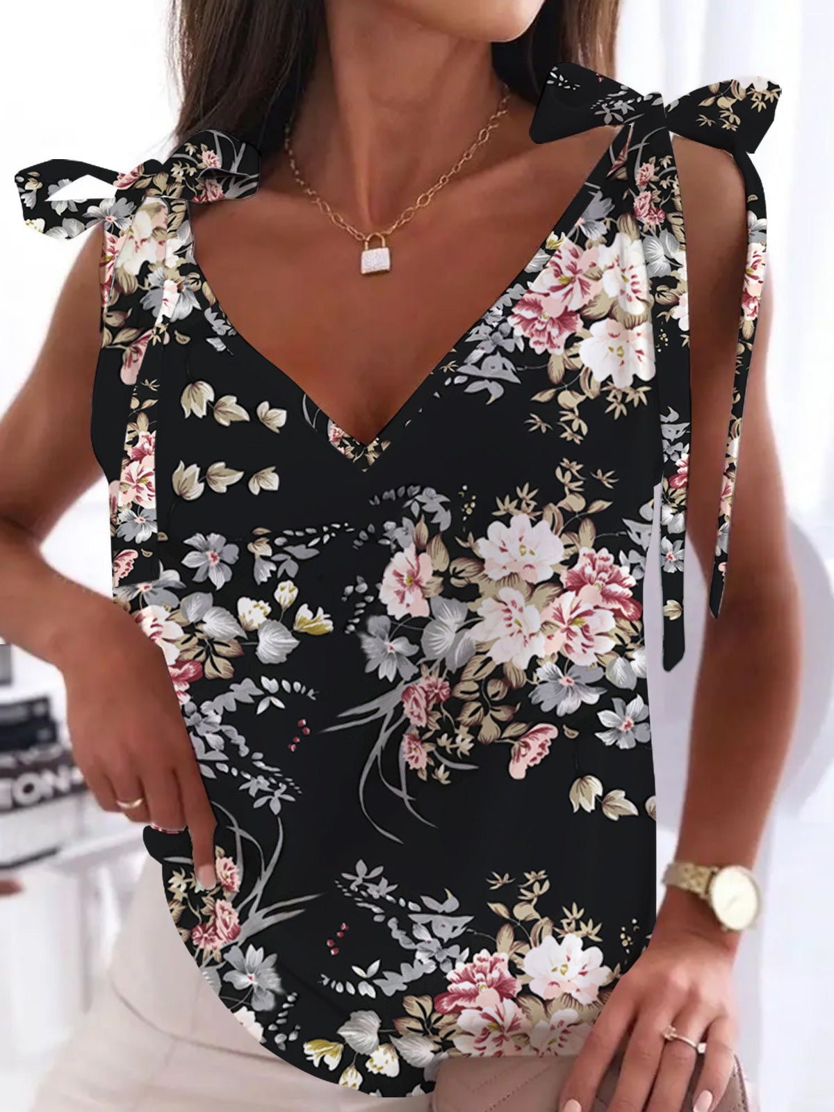 Women's Tank Tops Casual Floral Print V-Neck Sleeveless Tank Top - Tank Tops - Instastyled | Online Fashion Free Shipping Clothing, Dresses, Tops, Shoes - 10-20 - 22/07/2022 - color-black