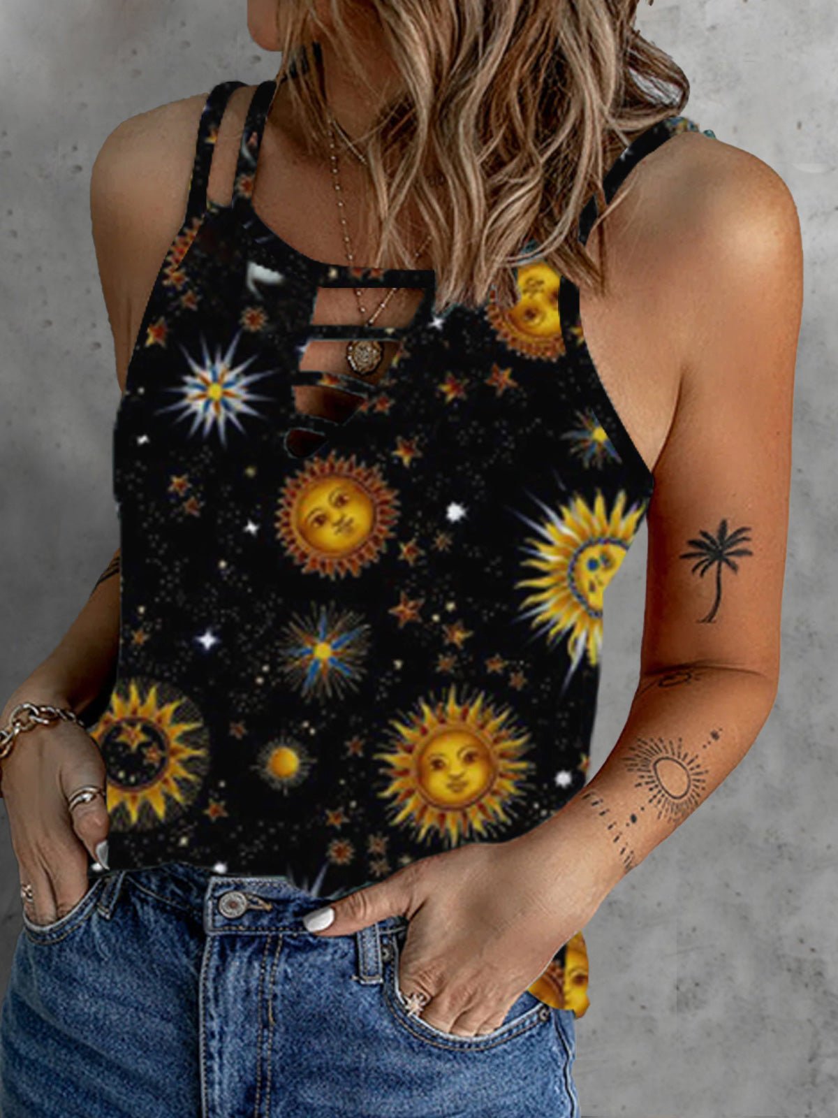 Women's Tank Tops Casual Starry Print Cutout Sleeveless Tank Top - Tank Tops - Instastyled | Online Fashion Free Shipping Clothing, Dresses, Tops, Shoes - 02/06/2022 - 20-30 - color-black