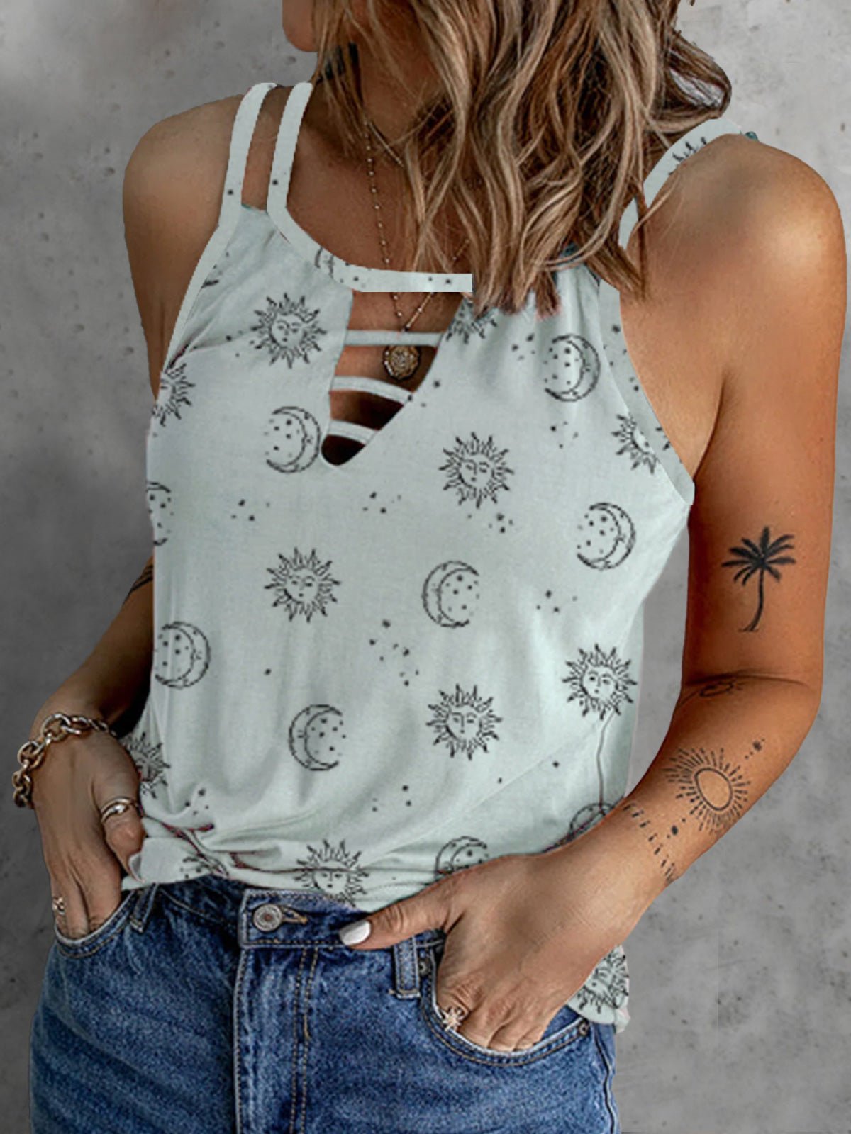 Women's Tank Tops Casual Starry Print Cutout Sleeveless Tank Top - Tank Tops - Instastyled | Online Fashion Free Shipping Clothing, Dresses, Tops, Shoes - 02/06/2022 - 20-30 - color-black