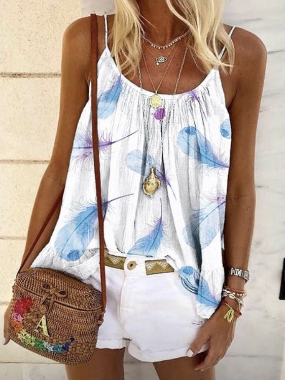 Women's Tank Tops Feather Print Sling Sleeveless Casual Vest - Tank Tops - Instastyled | Online Fashion Free Shipping Clothing, Dresses, Tops, Shoes - 06/01/2022 - 20-30 - color-blue