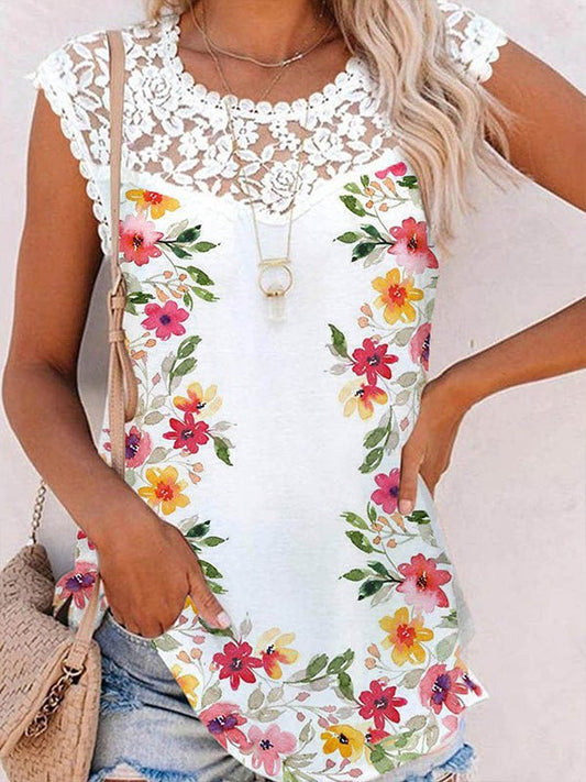 Women's Tank Tops Floral Print Crew Neck Lace Tank Top - Tank Tops - Instastyled | Online Fashion Free Shipping Clothing, Dresses, Tops, Shoes - 20-30 - 28/03/2022 - color-white