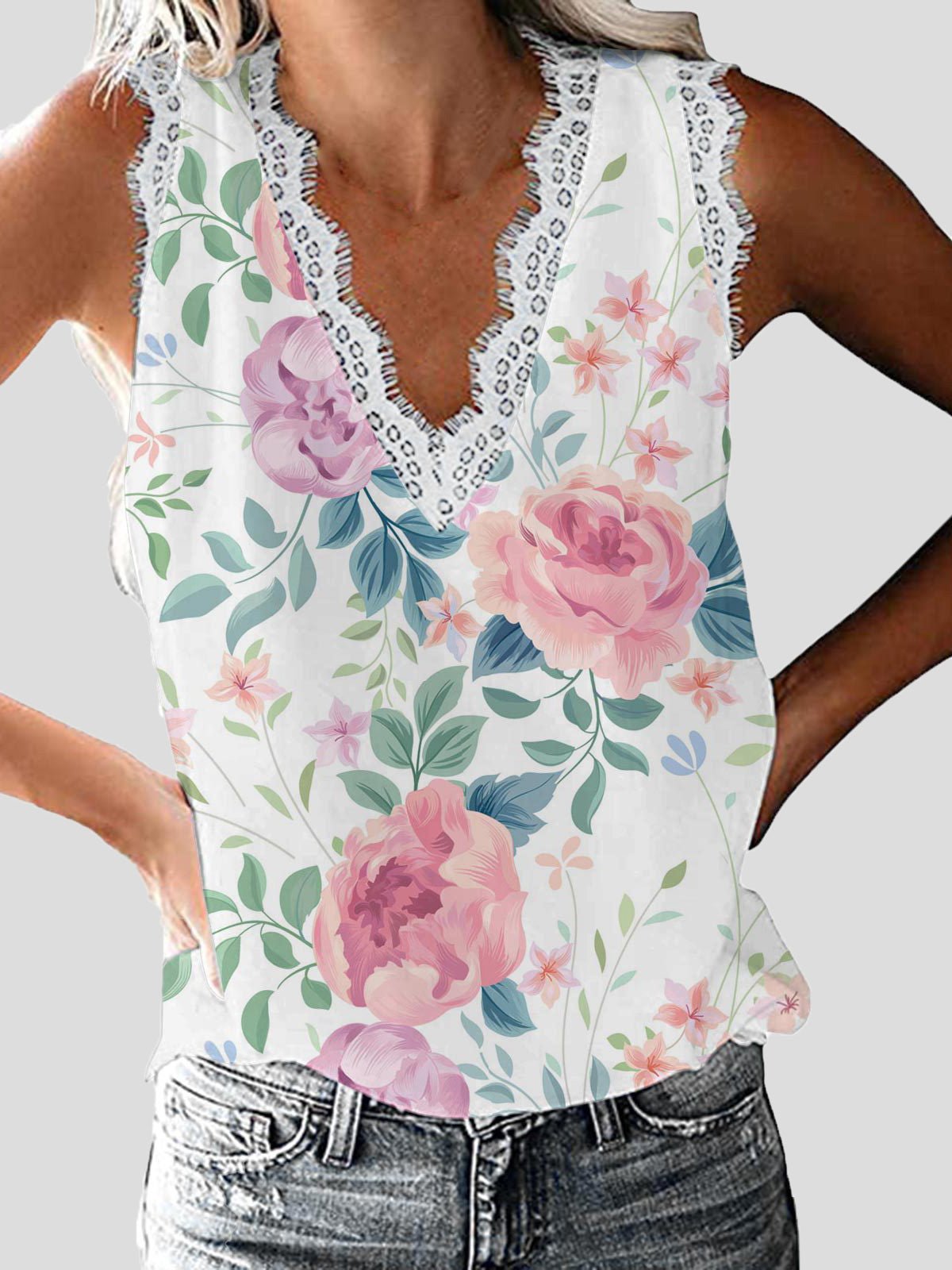 Women's Tank Tops Floral V-Neck Lace Sleeveless Tank Top - Tank Tops - Instastyled | Online Fashion Free Shipping Clothing, Dresses, Tops, Shoes - 16/05/2022 - 20-30 - color-green