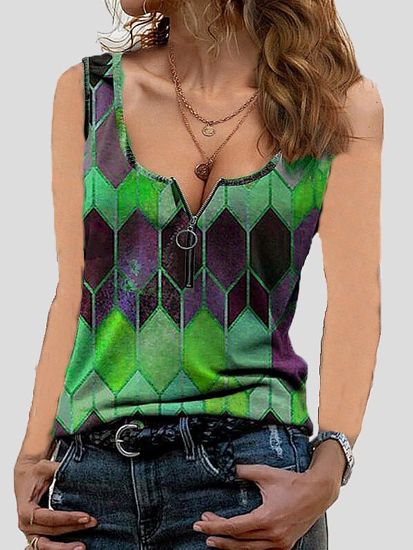 Women's Tank Tops Geometric Print V-Neck Zipper Sleeveless Tank Top - Tank Tops - Instastyled | Online Fashion Free Shipping Clothing, Dresses, Tops, Shoes - 07/03/2022 - 10-20 - color-gray