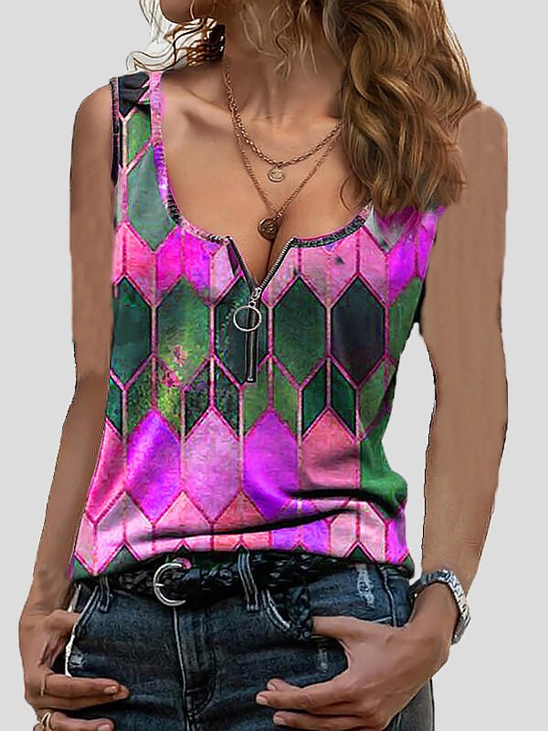 Women's Tank Tops Geometric Print V-Neck Zipper Sleeveless Tank Top - Tank Tops - Instastyled | Online Fashion Free Shipping Clothing, Dresses, Tops, Shoes - 07/03/2022 - 10-20 - color-gray