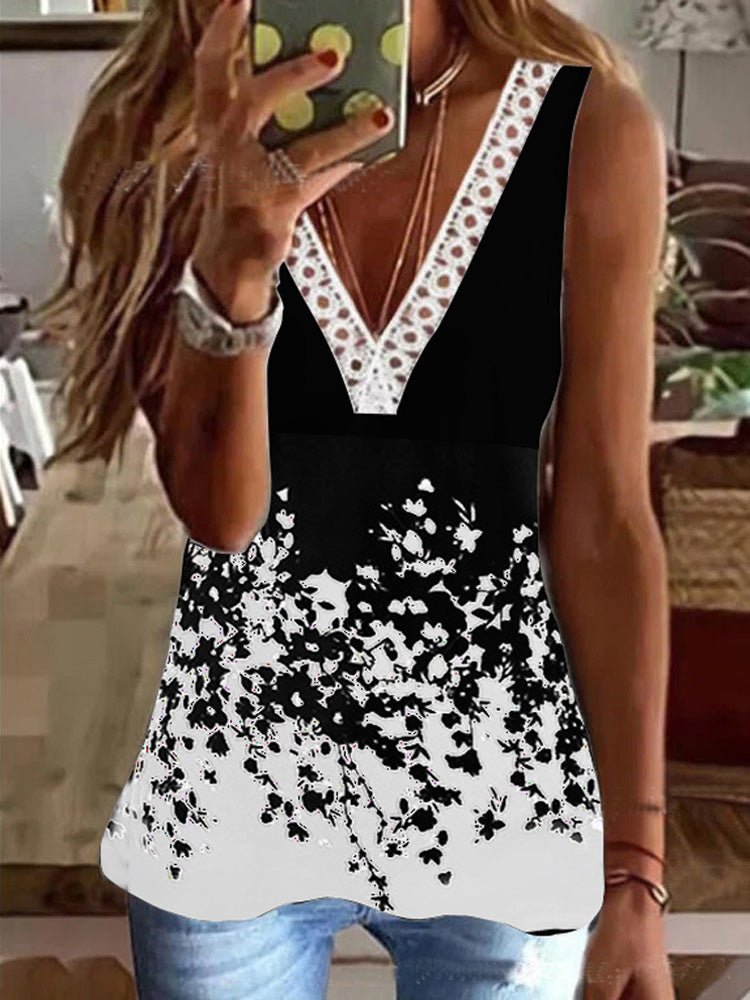 Women's Tank Tops Lace V-Neck Print Sleeveless Tank Top - Tank Tops - Instastyled | Online Fashion Free Shipping Clothing, Dresses, Tops, Shoes - 16/05/2022 - 20-30 - color-black