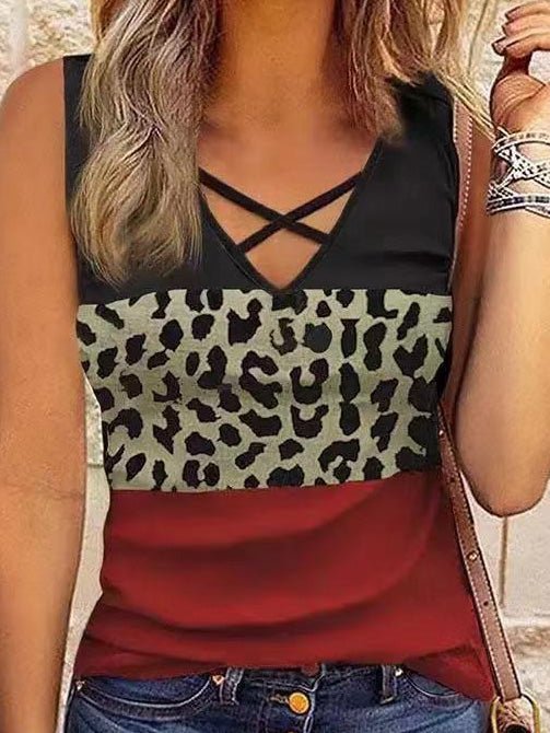 Women's Tank Tops Leopard Panel V-Neck Sleeveless Tank Top - Tank Tops - Instastyled | Online Fashion Free Shipping Clothing, Dresses, Tops, Shoes - 20-30 - 27/06/2022 - color-black