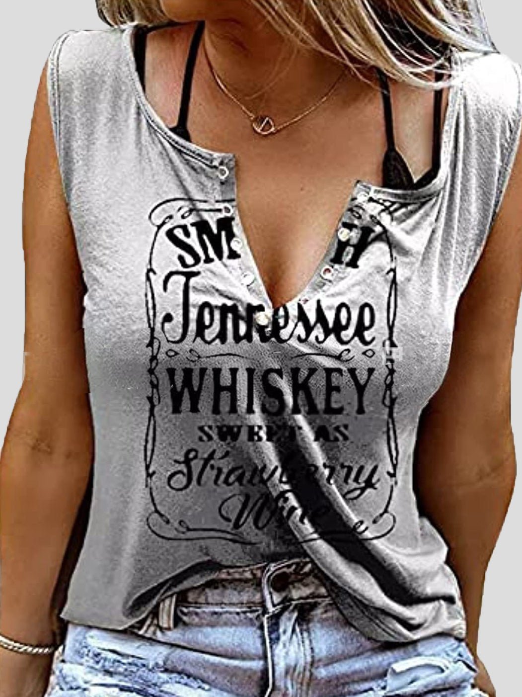 Women's Tank Tops Letter Print V-Neck Button Sleeveless Tank Top - Tank Tops - Instastyled | Online Fashion Free Shipping Clothing, Dresses, Tops, Shoes - 14/07/2022 - 20-30 - color-black