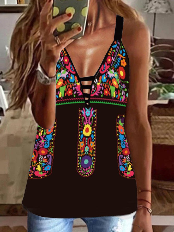 Women's Tank Tops Printed V-Neck Camisole Sleeveless Tank Top - Tank Tops - Instastyled | Online Fashion Free Shipping Clothing, Dresses, Tops, Shoes - 17/03/2022 - 20-30 - color-black