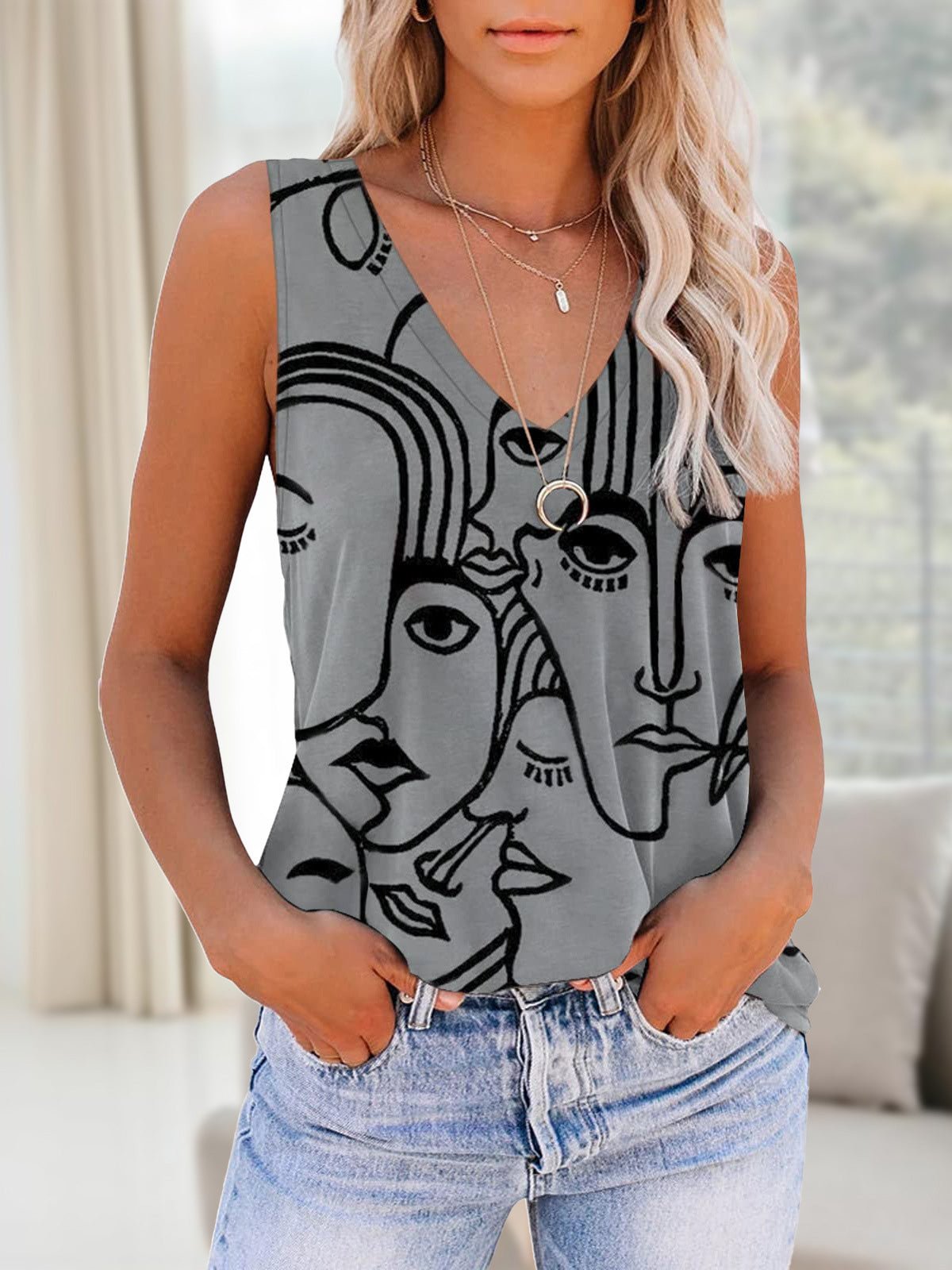 Women's Tank Tops Printed V-Neck Sleeveless Casual Tank Top - Tank Tops - Instastyled | Online Fashion Free Shipping Clothing, Dresses, Tops, Shoes - 28/07/2022 - Color_Black - Color_Gray