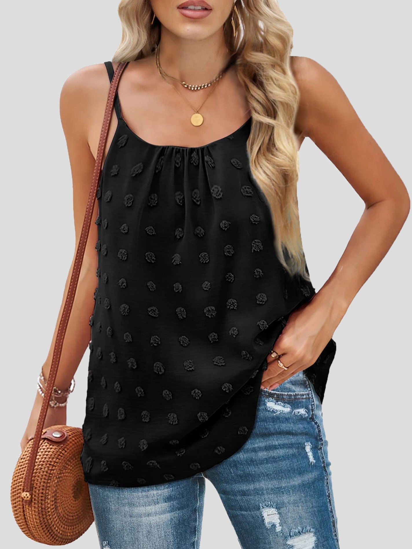 Women's Tank Tops Round Neck Jacquard Sling Sleeveless Tank Tops - Tank Tops - Instastyled | Online Fashion Free Shipping Clothing, Dresses, Tops, Shoes - 12/04/2022 - 20-30 - color-black