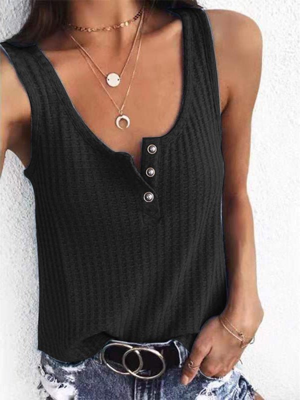 Women's Tank Tops Solid U-Neck Snap Button Sleeveless Tank Top - Tank Tops - Instastyled | Online Fashion Free Shipping Clothing, Dresses, Tops, Shoes - 01/07/2022 - 20-30 - color-black