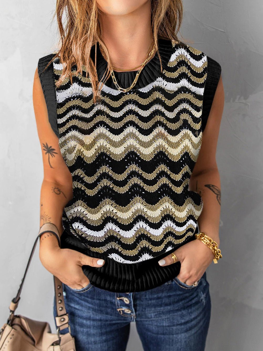 Women's Tank Tops Wavy Stripe Crewneck Knit Tank Top - Tank Tops - Instastyled | Online Fashion Free Shipping Clothing, Dresses, Tops, Shoes - 20-30 - 25/04/2022 - color-black