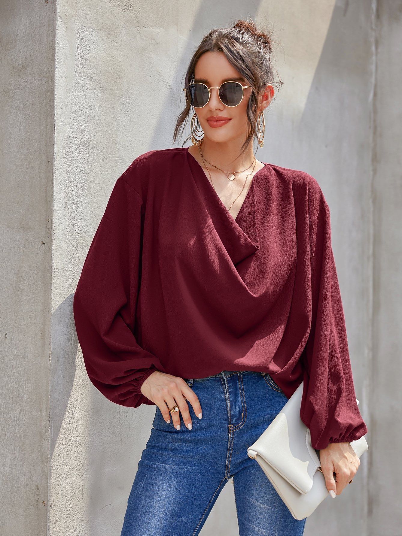 Women's V-neck Long-sleeved Loose Fitting Shirt - INS | Online Fashion Free Shipping Clothing, Dresses, Tops, Shoes