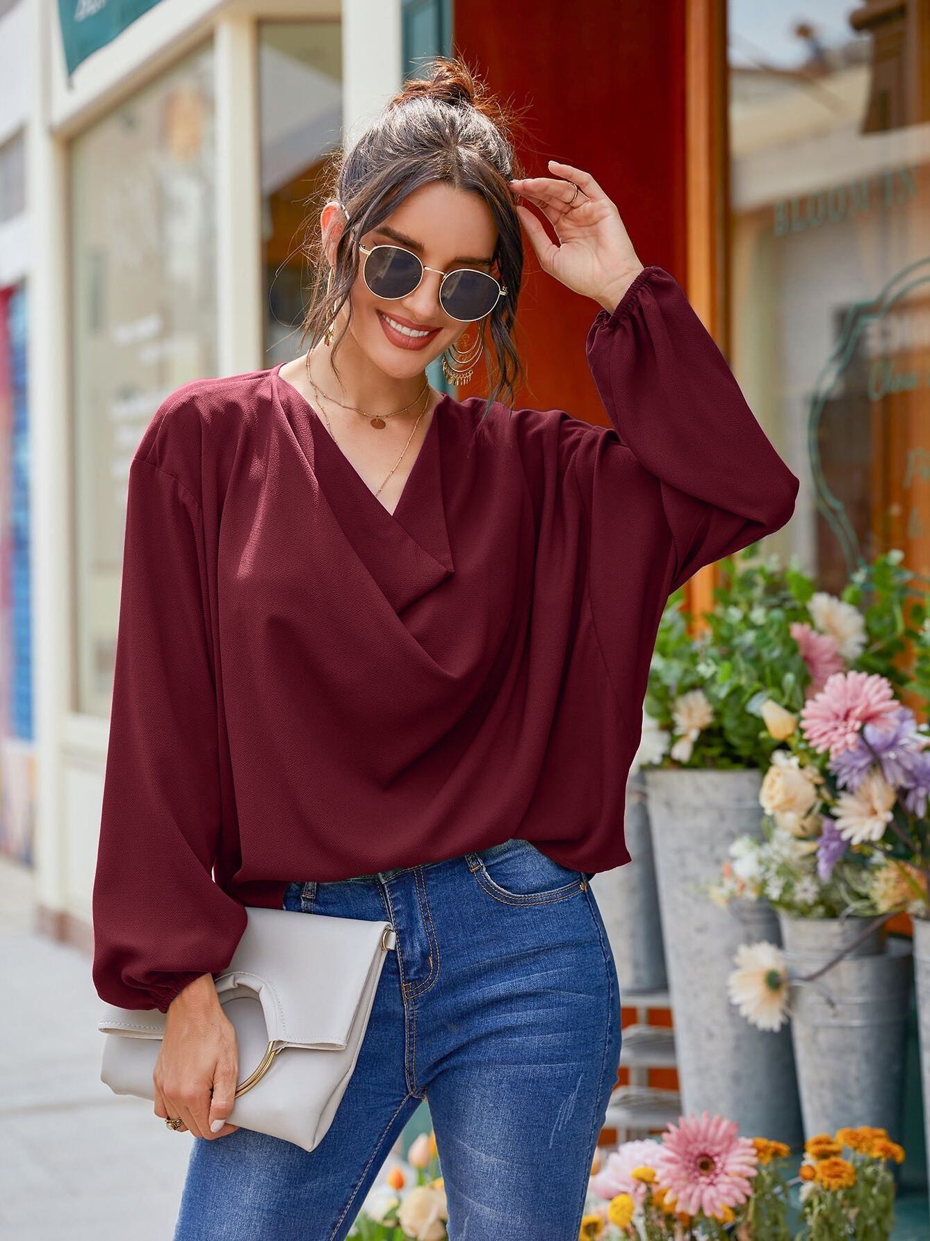 Women's V-neck Long-sleeved Loose Fitting Shirt - INS | Online Fashion Free Shipping Clothing, Dresses, Tops, Shoes