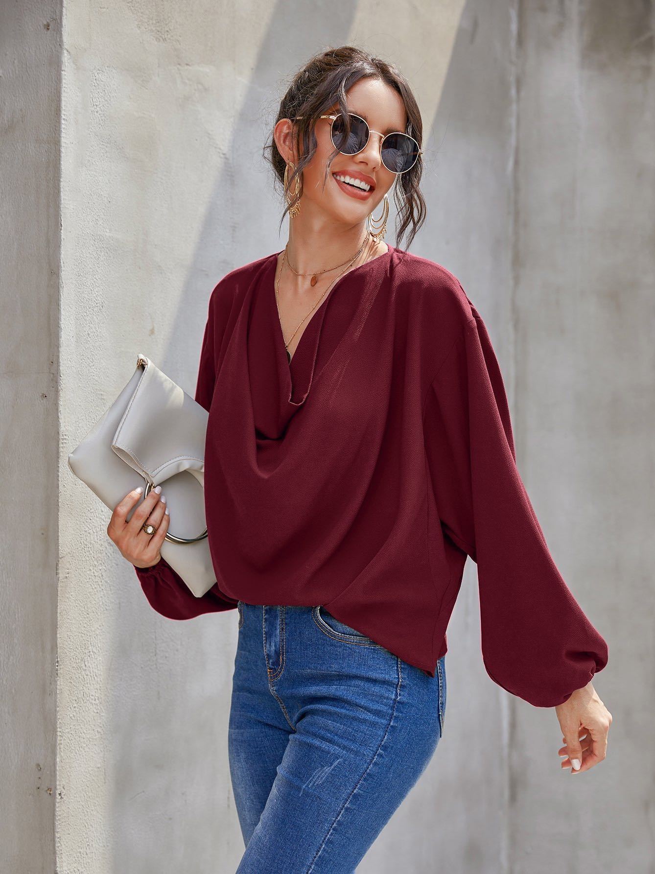 Women's V-neck Long-sleeved Loose Fitting Shirt - INS | Online Fashion Free Shipping Clothing, Dresses, Tops, Shoes