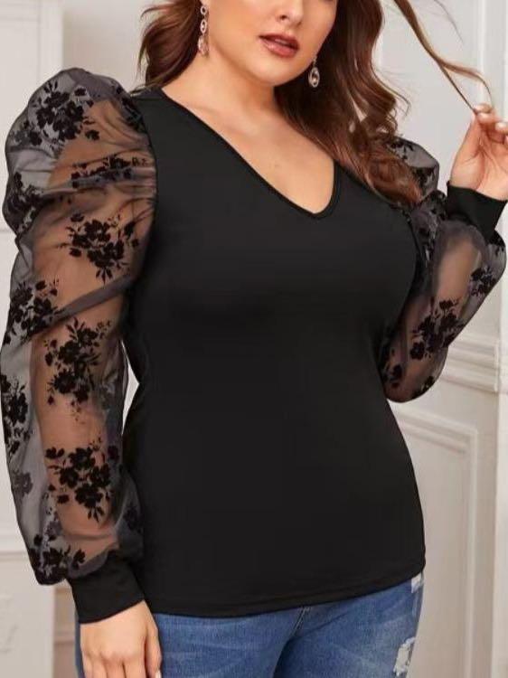 Women's V neck Mesh Bubble Sleeve T Shirt