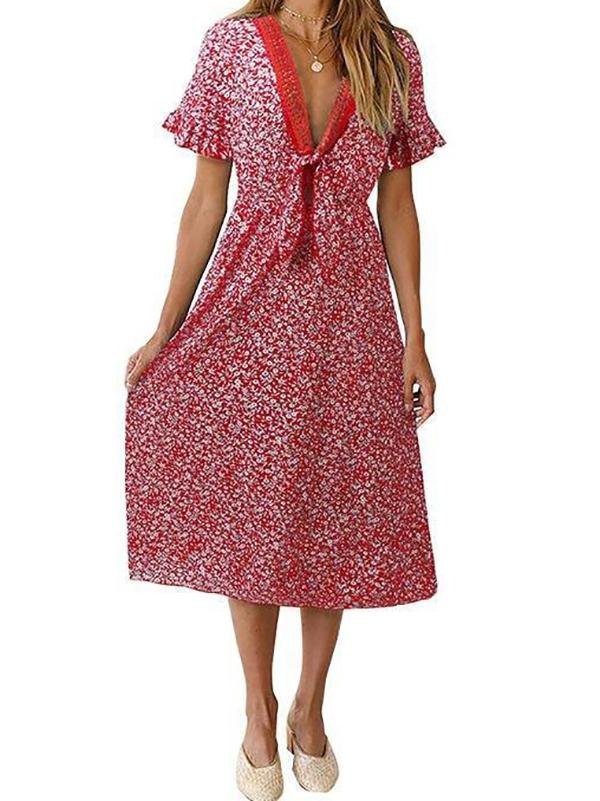 Women's V Neck Midi Floral Dress - Dresses - INS | Online Fashion Free Shipping Clothing, Dresses, Tops, Shoes - 18/03/2021 - Color_Red - Color_Yellow