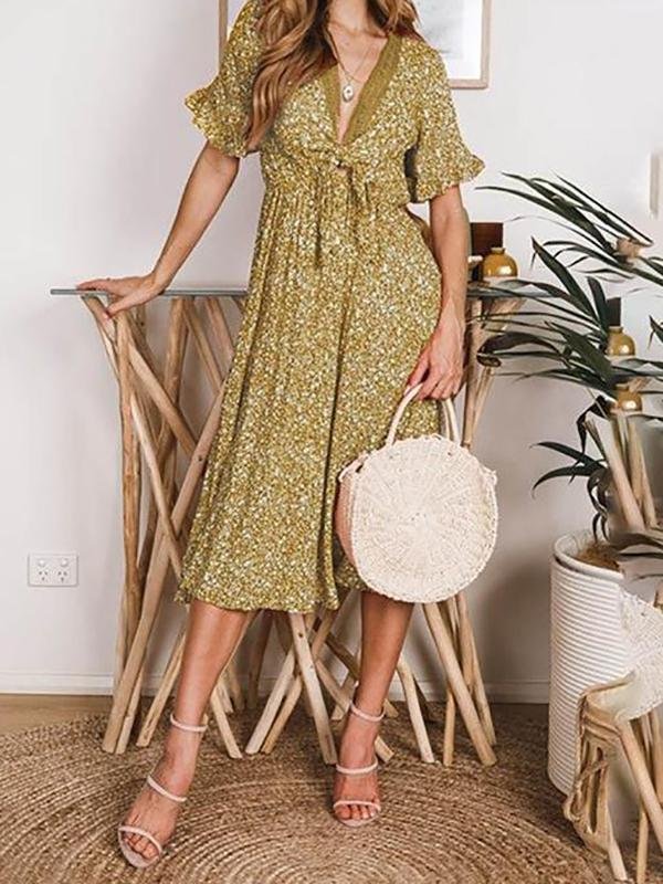 Women's V Neck Midi Floral Dress - Dresses - INS | Online Fashion Free Shipping Clothing, Dresses, Tops, Shoes - 18/03/2021 - Color_Red - Color_Yellow