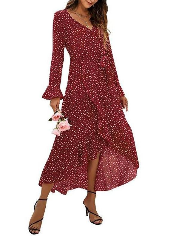 Women's V Neck Polka Dots Bowknot Long Sleeve Dress - Dresses - INS | Online Fashion Free Shipping Clothing, Dresses, Tops, Shoes - 18/03/2021 - Autumn - Color_Green