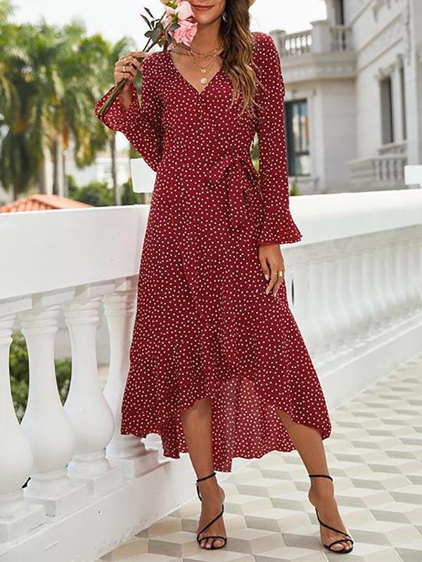 Women's V Neck Polka Dots Bowknot Long Sleeve Dress - Dresses - INS | Online Fashion Free Shipping Clothing, Dresses, Tops, Shoes - 18/03/2021 - Autumn - Color_Green