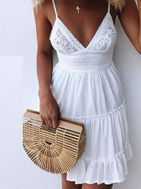 Womens V-Neck Spaghetti Strap Bowknot Backless Sleeveless Lace Mini Swing Dress - Mini Dresses - INS | Online Fashion Free Shipping Clothing, Dresses, Tops, Shoes - 14/05/2021 - 140521 - Color_Pink